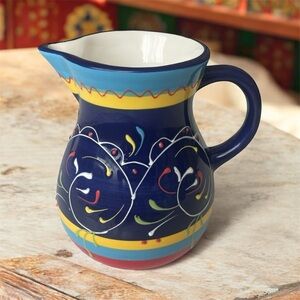 Delrio  Salado Hand Painted Ceramic Pitcher Handmade Spain Blue Red